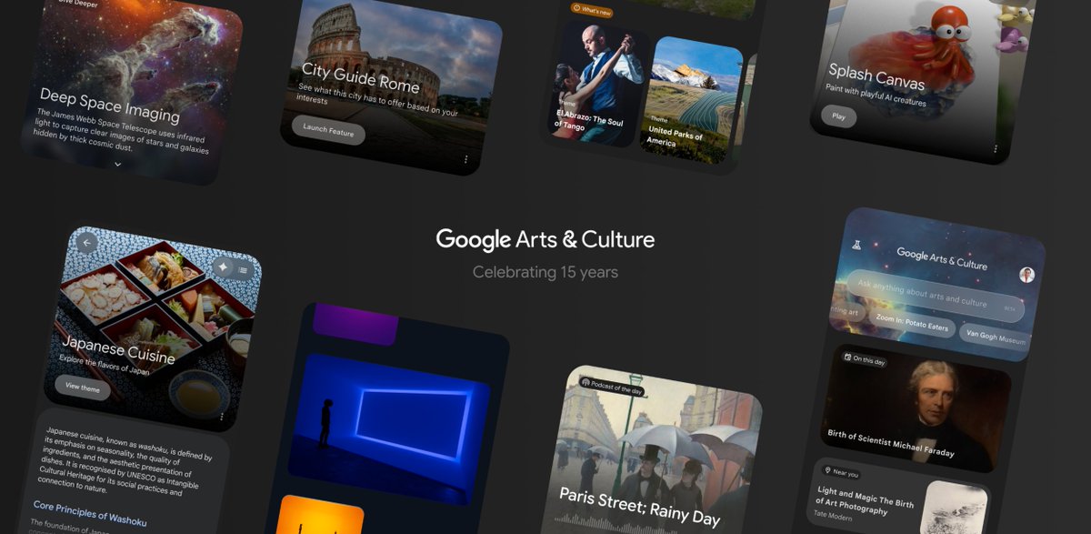 googlearts's tweet photo. 🧵 To mark 15 years of connecting people with art, history and heritage, Google Arts &amp; Culture is rolling out a redesigned experience on the mobile app.
Powered by Google AI, it makes exploring culture intuitive, serendipitous, and conversational. ✨🔗 https://t.co/SFY014zsQM https://t.co/qm0t9ERS1E