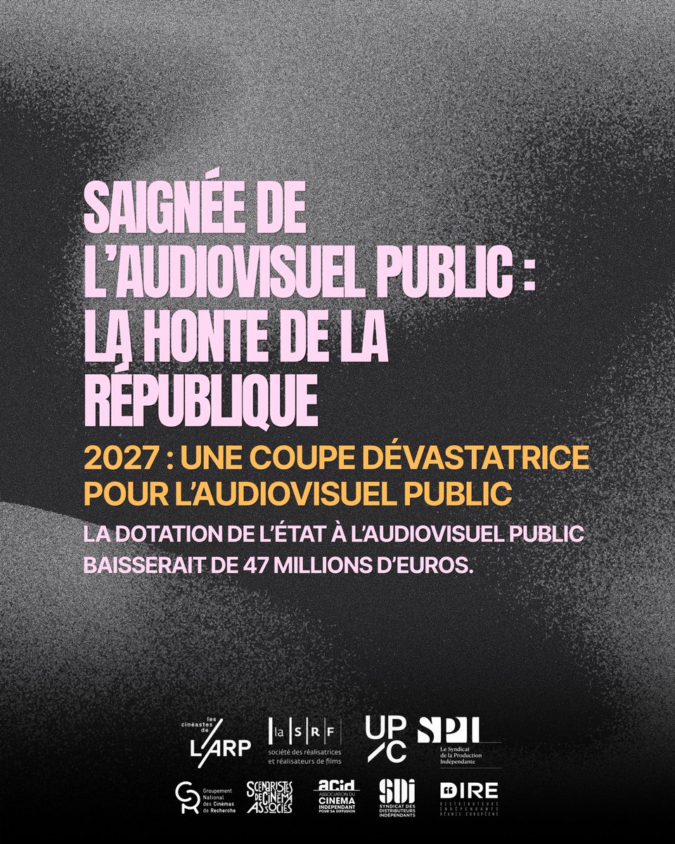 producteurscine's tweet photo. 47 millions d'euros en moins pour l’audiovisuel public, 90 millions d'euros en moins pour France Télévisions en raison du recul de la publicité : une coupe dévastatrice pour la création audiovisuelle et cinématographique française serait prévue dans le prochain budget de l’Etat. https://t.co/dOcJT2TPYI