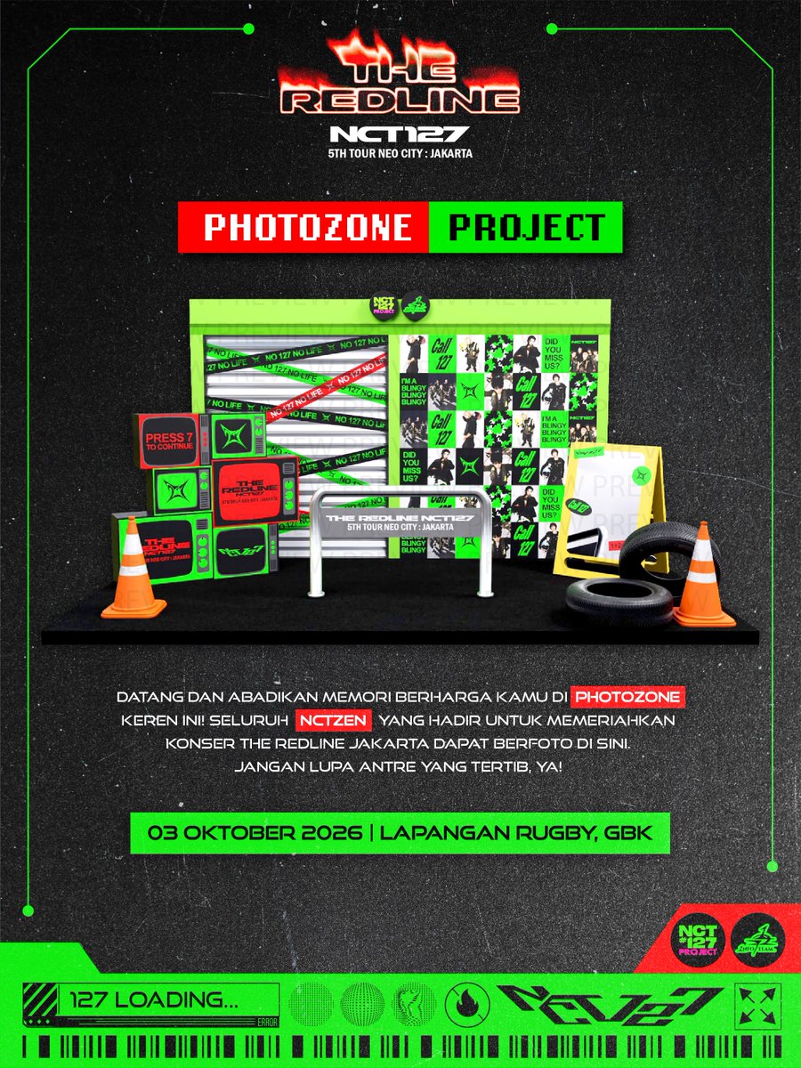 NCT127Project's tweet photo. ❤️‍🔥PHOTOZONE PROJECT❤️‍🔥

Sijeuni~! Kami menyiapkan Photozone keren ini untuk kalian dapat berfoto-foto mengabadikan kenangan konser kamu🤩📸

📆 03 Oktober 2026
⏱️ 7.30 - 18.00 WIB
📍 Sekitar Lap. Rugby, GBK

Tetap tertib dan antri saat ingin berfoto nanti yaa💚

#NCT127 #TheRedline_JKT