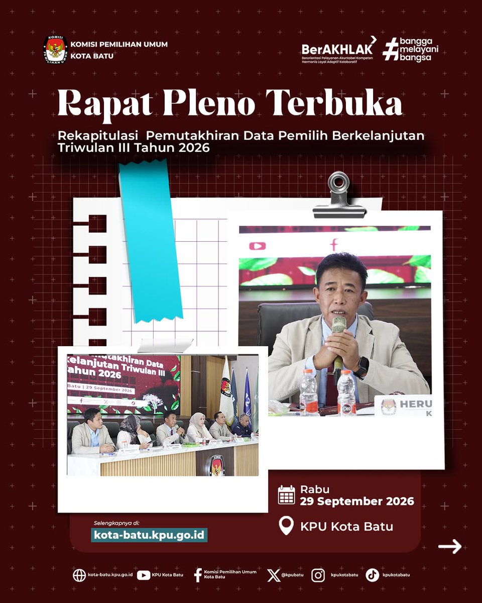 KPUBatu's tweet photo. #TemanPemilih, KPU Kota Batu menyelenggarakan Rapat Pleno Terbuka Rekapitulasi Pemutakhiran Data Pemilih Berkelanjutan (PDPB) Triwulan III Tahun 2026 pada Selasa, (29/9/2026).

📢 Detail informasi hasil rekapitulasi dapat dilihat dalam Keputusan KPU Kota Batu Nomor 13 Tahun 2026. https://t.co/xwUSNWy1pU
