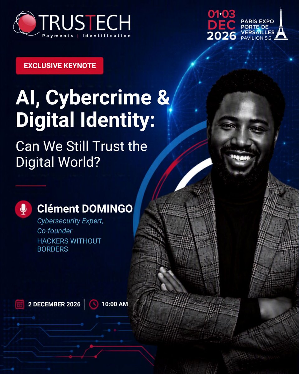 TRUSTECH_Event's tweet photo. 🎤 Speaker Spotlight

Join Clément DOMINGO (SaxX) for a dynamic session combining cyber intelligence, real-world attacks and live demos to explore how AI is reshaping digital trust.

Where is the limit between what is real and what is fake?
 
Your pass👉 https://t.co/NXyPRIXaKj https://t.co/6YCuUUvJZt