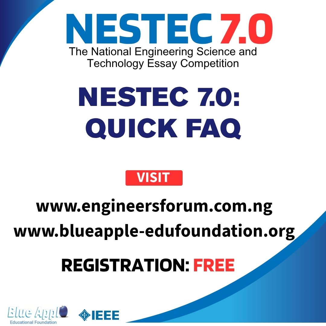 engineersforum2's tweet photo. 𝗡𝗘𝗦𝗧𝗘𝗖 𝟳.𝟬: 𝗤𝗨𝗜𝗖𝗞 𝗙𝗔𝗤
❓ Who can participate?
Engineering and science students in Nigerian higher institutions.
❓ Registration fee?
FREE.
❓ What matters?
Originality, clarity, feasibility and prototype potential.
#NESTEC70 #NESTECFAQ #EngineeringStudents https://t.co/UyeQy1n9Ap