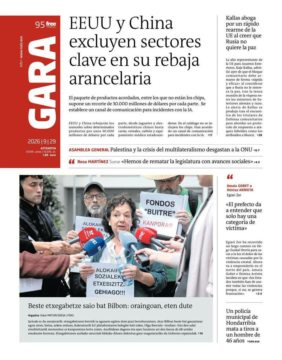 Koldobika's tweet photo. Egun on! Buenos días. 
Portada de los diarios Berria y Gara de hoy martes 29 de septiembre.
@berria @naiz_info 
#PalestinaAskatu https://t.co/sXoQ3G915f