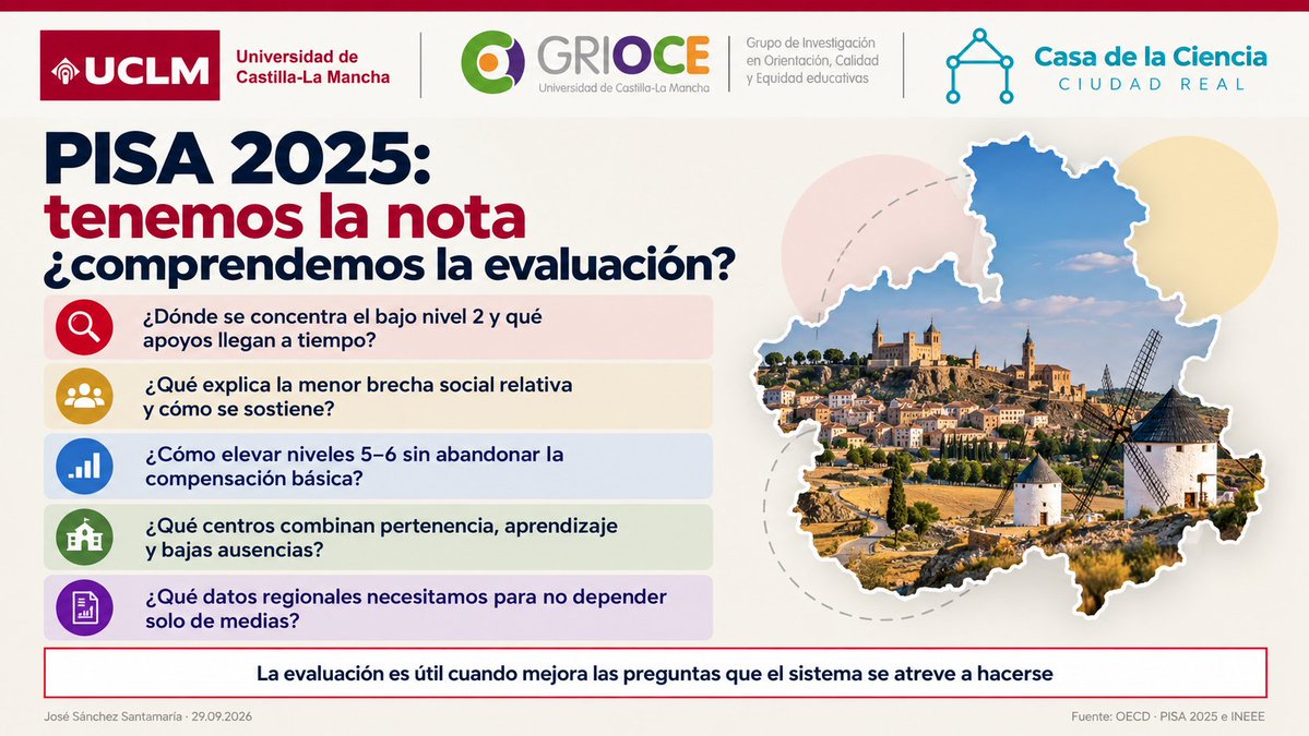 pepsantamara's tweet photo. Esta tarde hablamos de #PISA2025 en la Casa de la Ciencia de Ciudad Real

Tenemos la nota. ¿Comprendemos la evaluación?

Menos ranking y más preguntas sobre aprendizaje, equidad y mejora educativa

#Educación #CastillaLaMancha #GRIOCE https://t.co/2Xxuj50xIc