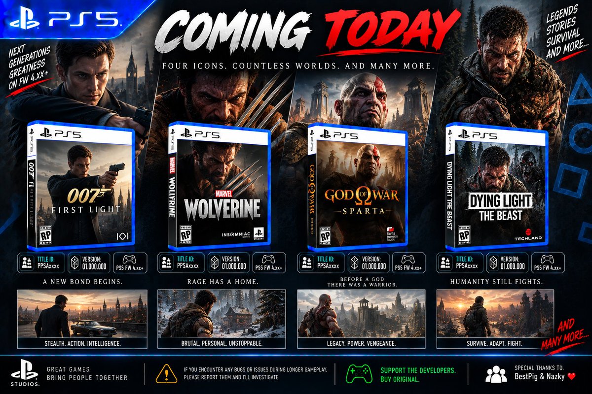 kerrdec97's tweet photo. 🚨🔥 COMING TODAY — NEW PS5 RELEASES! 🔥🚨

Big batch incoming today! 👀🎮

🕵️ 007 First Light
🐺 Marvel’s Wolverine
⚔️ God of War: Sparta
🧟 Dying Light: The Beast
🔥 And many more...
Keep an eye out — plenty more on the way throughout the day. 💙
🙏 Special thanks to BestPig & Nazky ❤️
🎮 Support the developers. Buy original.
📢 Join the Telegram for releases & updates:
Join the Telegram channel https://t.co/C51WkOwVu4