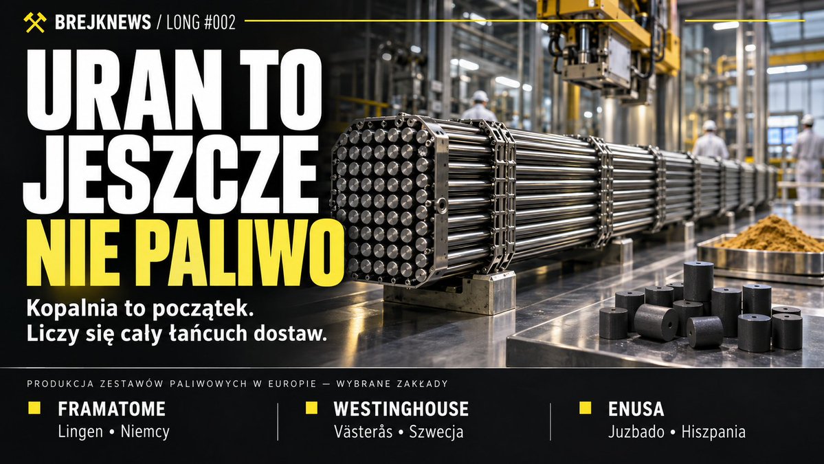 BrejkNews's tweet photo. ⚛️ Uran z kopalni to jeszcze nie paliwo do elektrowni jądrowej.

Po wydobyciu i przeróbce rudy powstaje koncentrat uranowy, tak zwany yellowcake — najczęściej w formie U₃O₈.

Następnie uran trzeba poddać konwersji do UF₆, wzbogacić w izotop U-235, a później ponownie przetworzyć do proszku UO₂.

Z tego proszku produkuje się ceramiczne pastylki, które trafiają do metalowych rur ze stopu cyrkonu.

Dopiero po zmontowaniu setek takich prętów powstaje gotowy zestaw paliwowy wkładany do reaktora.

I właśnie ten ostatni etap wykonują w Europie konkretne zakłady:

🇩🇪 Framatome — Lingen, Niemcy

🇸🇪 Westinghouse — Västerås, Szwecja

🇪🇸 ENUSA — Juzbado, Hiszpania

ENUSA produkuje zestawy między innymi dla reaktorów PWR i BWR, a także wybranych konstrukcji VVER we współpracy z Westinghouse.

To ważne, ponieważ zakład nie produkuje „uniwersalnego paliwa”. Zestaw musi pasować do konkretnego typu reaktora i przejść odpowiedni proces licencjonowania.

Dlatego własne złoże uranu nie daje jeszcze niezależności.

Prawdziwe bezpieczeństwo wymaga dostępu do całego łańcucha: wydobycia, konwersji, wzbogacania i produkcji gotowych zestawów paliwowych.

🔗 Uran w ziemi jest surowcem. Dopiero zestaw paliwowy jest produktem, który może zasilać reaktor.