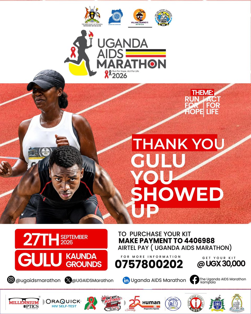 aidscommission's tweet photo. 🔥THANK YOU GULU!🔥
You showed up!!

Watch out for our next stop of the Uganda AIDS Marathon 🏃🏾‍♀️🏃🏾🏅🏁

#RunForHopeActForLife
#EndAIDS2030Ug https://t.co/NDPJLKVewo