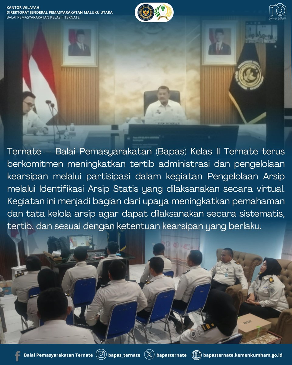 bapasternate's tweet photo. Bapas Ternate Ikuti Arahan Dirjenpas Secara Virtual, Dorong Tertib BMN dan Peningkatan Kinerja Pemasyarakatan

#kemenimipas
#guardanguide
#infoimipas
#bapasternate
#humasbapasternate https://t.co/SXjnuoKHGv