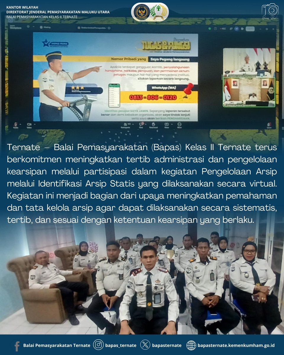 bapasternate's tweet photo. Bapas Ternate Ikuti Arahan Dirjenpas Secara Virtual, Dorong Tertib BMN dan Peningkatan Kinerja Pemasyarakatan

#kemenimipas
#guardanguide
#infoimipas
#bapasternate
#humasbapasternate https://t.co/SXjnuoKHGv