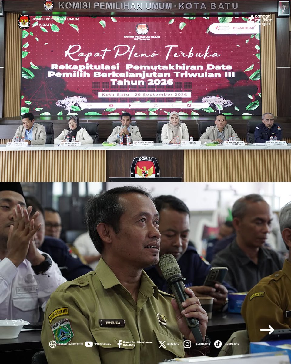 KPUBatu's tweet photo. #TemanPemilih, KPU Kota Batu menyelenggarakan Rapat Pleno Terbuka Rekapitulasi Pemutakhiran Data Pemilih Berkelanjutan (PDPB) Triwulan III Tahun 2026 pada Selasa, (29/9/2026).

📢 Detail informasi hasil rekapitulasi dapat dilihat dalam Keputusan KPU Kota Batu Nomor 13 Tahun 2026. https://t.co/xwUSNWy1pU