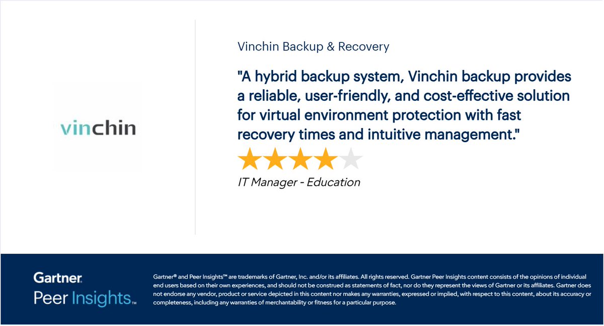 VinchinSoftware's tweet photo. 🌟Trusted by Customers. Recognized by the Community.

🔴Start a 60-day full-featured FREE trial to discover more about Vinchin Backup &amp; Recovery: https://t.co/y5Jmc91Ac2

#Vinchin #GartnerPeerInsights #DataProtection #BackupAndRecovery #DisasterRecovery #BusinessContinuity https://t.co/h5jCChJIDF