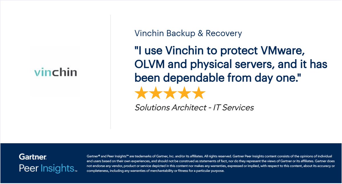 VinchinSoftware's tweet photo. 🌟Trusted by Customers. Recognized by the Community.

🔴Start a 60-day full-featured FREE trial to discover more about Vinchin Backup &amp; Recovery: https://t.co/y5Jmc91Ac2

#Vinchin #GartnerPeerInsights #DataProtection #BackupAndRecovery #DisasterRecovery #BusinessContinuity https://t.co/h5jCChJIDF
