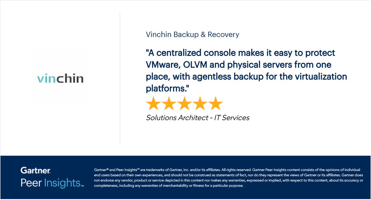 VinchinSoftware's tweet photo. 🌟Trusted by Customers. Recognized by the Community.

🔴Start a 60-day full-featured FREE trial to discover more about Vinchin Backup &amp; Recovery: https://t.co/y5Jmc91Ac2

#Vinchin #GartnerPeerInsights #DataProtection #BackupAndRecovery #DisasterRecovery #BusinessContinuity https://t.co/h5jCChJIDF