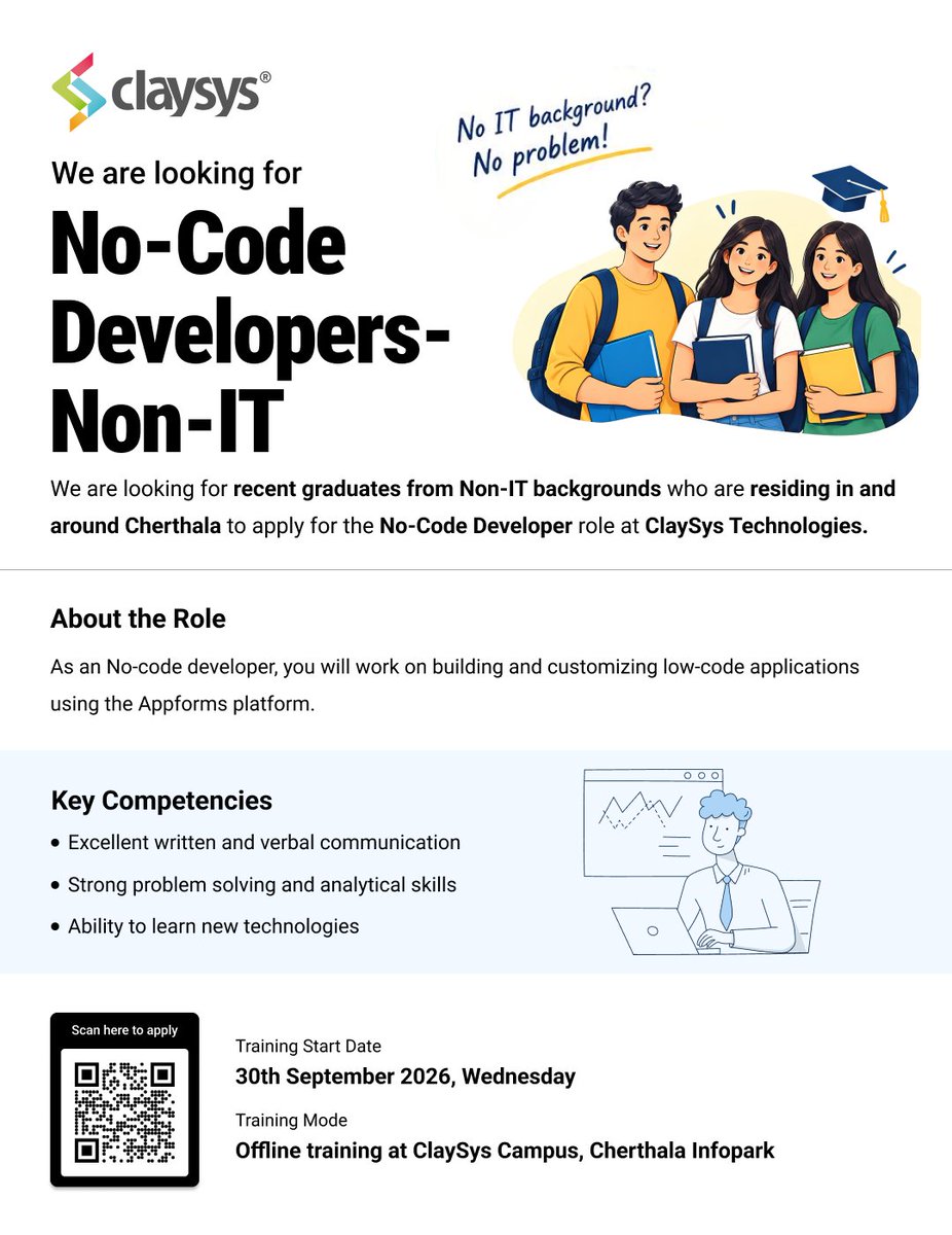 ClaySys's tweet photo. 🎓 Recent Graduate? Start Your Tech Career Without a Coding Background!

We’re looking for recent graduates from non-IT backgrounds to join our team as No-Code Developers.

Ready to start your tech journey? Apply now!

#Hiring #Freshers #NoCodeDeveloper #FreshGraduates #ClaySys https://t.co/5WSdymLRA0