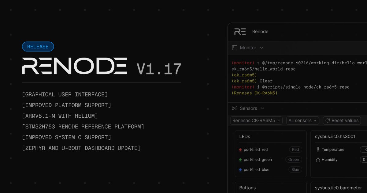 antmicro's tweet photo. The @renodeio 1.17.0 release is here, bringing support for new platforms such as @Arm v8.1-M with Helium, @NXP https://t.co/i9gV5NUMNO 8M Plus, @TOYOTA RAMN and @GoogleOS Coral NPU, a new GUI, external control API, improved SystemC support, and more @antmicro: https://t.co/QB2UnuHU3j