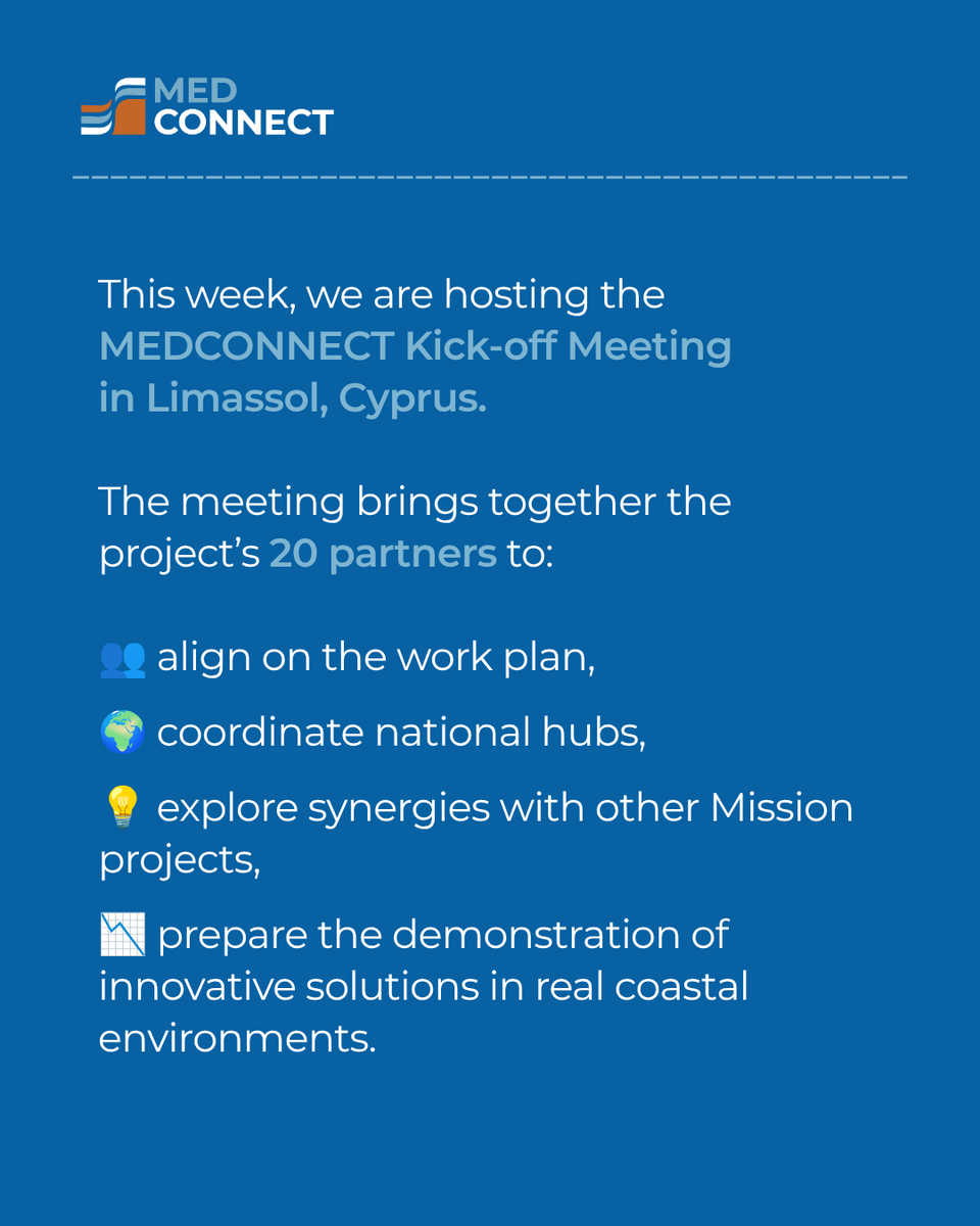 cmmicyprus's tweet photo. ⚡️Happening Now!
#CMMI is hosting the #MEDCONNECT Kick-off Meeting in Limassol, #Cyprus.
💡The meeting brings together the project’s 20 partners to align on the work plan, coordinate national hubs, explore #synergies with other Mission projects and prepare the demonstration of innovative solutions in real #coastal environments.
We are pleased to be part of this collective effort as #coordinators and look forward to exchanging ideas, building #partnerships and contributing to a more resilient #Mediterranean. 🌊
📣The MEDCONNECT public #launch will follow this afternoon. Stay tuned❗
⏱ 19:00–20:30 hrs
📍Limassol Chamber of Commerce and Industry
#MEDCONNECT #MissionRestoreOurOceanAndWaters #BlueInnovation #Mediterranean