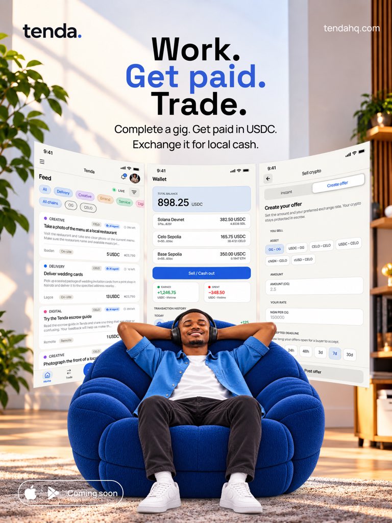 Tendahq's tweet photo. Did the work. Got paid. Now let’s trade. 😌

Tenda brings the whole flow together, from finding gigs to getting paid in USDC and trading for local cash.

Work. Get paid. Trade.

Coming soon. 👀

#Tenda #crypto #earn #foryou #gig https://t.co/rausIWeaE6