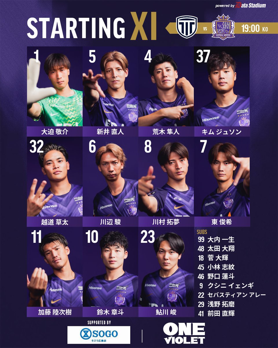 sanfrecce_SFC's tweet photo. 𝑺𝑻𝑨𝑹𝑻𝑰𝑵𝑮 𝑿𝑰
本日のスターティングイレブン🏹

vs.栃木シティ
19:00キックオフ

#sanfrecce #ONEVIOLET #ルヴァンカップ https://t.co/d0eTQqsbGD