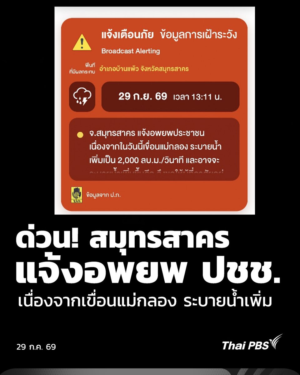 ThaiPBS's tweet photo. ด่วน! สมุทรสาคร แจ้งอพยพ ปชช. ออกจากบ้านเรือนทันที
เนื่องจากเขื่อนแม่กลองระบายน้ำเพิ่ม
.
วันนี้ (29 ก.ย. 69) เวลา 13:11 น. จ.สมุทรสาคร แจ้งอพยพประชาชน เนื่องจากในวันนี้เขื่อนแม่กลอง ระบายน้ำเพิ่มเป็น 2,000 ลบ.ม./วินาที และอาจจะระบายน้ำเพิ่มขึ้นอีก
.
จึงขอให้ผู้ที่อาศัยอยู่ริมแม่น้ำแม่กลอง/คลองดำเนินสะดวก/คลองสาขา/ที่ต่ำ ในพื้นที่ อ.บ้านแพ้ว (เฉพาะ ต.ยกกระบัตร ต.โรงเข้ ต.หนองบัว ต.หนองสองห้อง ต.หลักสาม ต.บ้านแพ้ว ต.สวนส้ม ต.อำแพง ต.คลองตัน และ ต.หลักสอง) อพยพออกจากบ้านเรือนทันที โดยเฉพาะกลุ่มเปราะบาง ยานพาหนะและทรัพย์สินจำเป็น ให้ยกของขึ้นที่สูง ตัดกระแสไฟฟ้าที่อยู่ต่ำ
.
หากต้องการความช่วยเหลือให้แจ้งนายอำเภอ กำนัน ผู้ใหญ่บ้าน ผู้นำชุมชน และ ปภ.
.
ข้อมูลจาก : กรมป้องกันและบรรเทาสาธารณภัย (ปภ.)

------------------
🌧️ เช็ก #ข่าวน้ำท่วม ล่าสุด และติดตามสถานการณ์อย่างใกล้ชิดได้ทาง
🌐 https://t.co/e6msnSq8cZ

📍 แจ้งพิกัดน้ำท่วม หรือขอความช่วยเหลือ กับ "ศูนย์สื่อสารภัยพิบัติไทยพีบีเอส" รับแจ้งสถานการณ์ทั้งในกรุงเทพฯ และต่างจังหวัด

☎️ โทร. 02-790-2111 หรือ 02-790-2630–2
💬 LINE @RongTookThaiPBS

#ไทยพีบีเอสร่วมฝ่าวิกฤตน้ำท่วม #ThaiPBS #น้ำท่วม #น้ำท่วมกรุงเทพ #อุทกภัย
