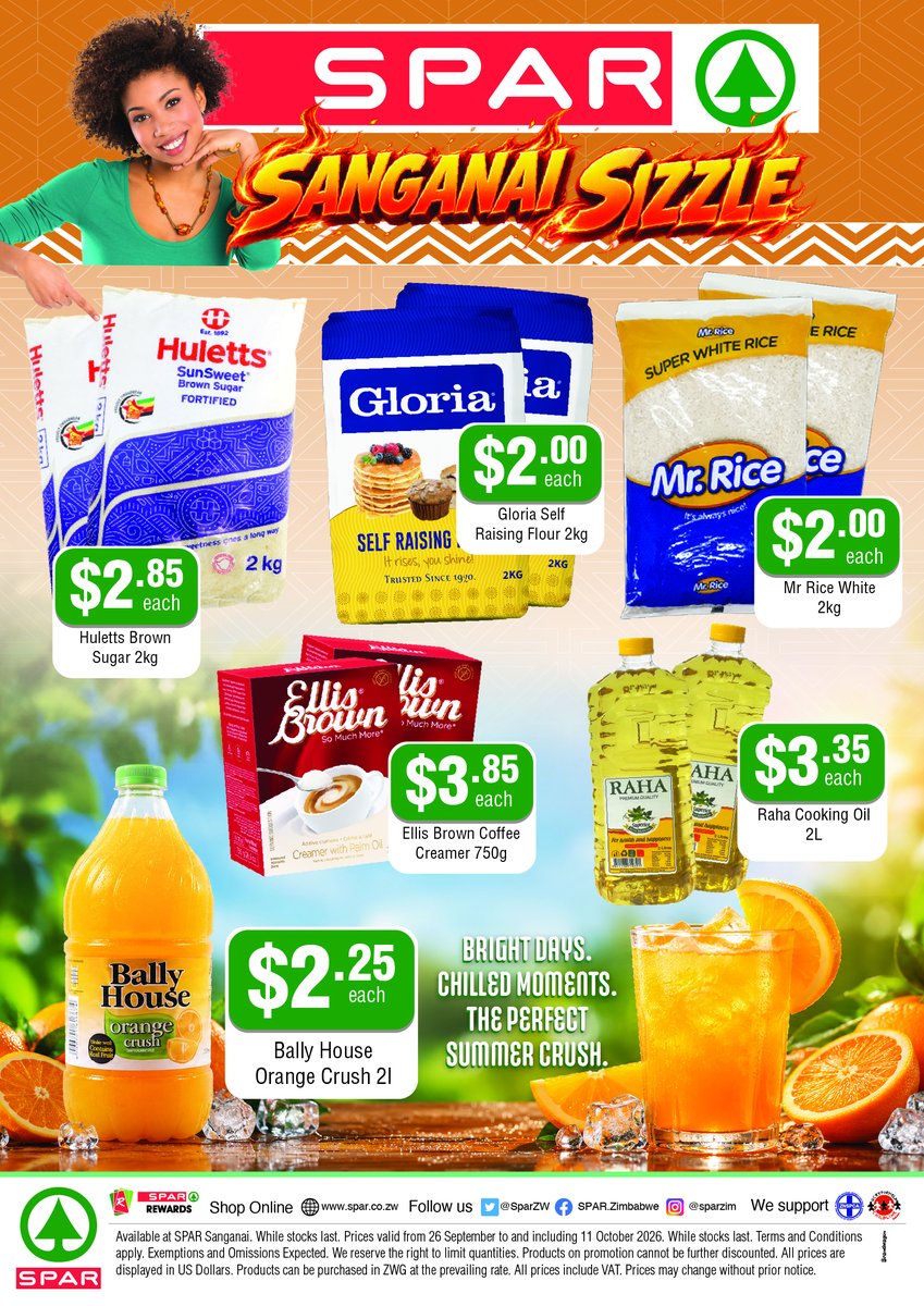 SparZW's tweet photo. 🔥 The SIZZLE is ON at SPAR SANNGANAI! 🔥

Turn up the heat on your shopping with unbeatable deals on all your favourites—from pantry essentials and refreshing drinks to household must-haves. Whether you’re stocking up for the week or planning a summer feast, we’ve got you covered with sizzling savings!

Hurry in—these hot offers won’t last long!

#SPARZimbabwe #SanganaiSizzle #HotDeals #BetterTogether