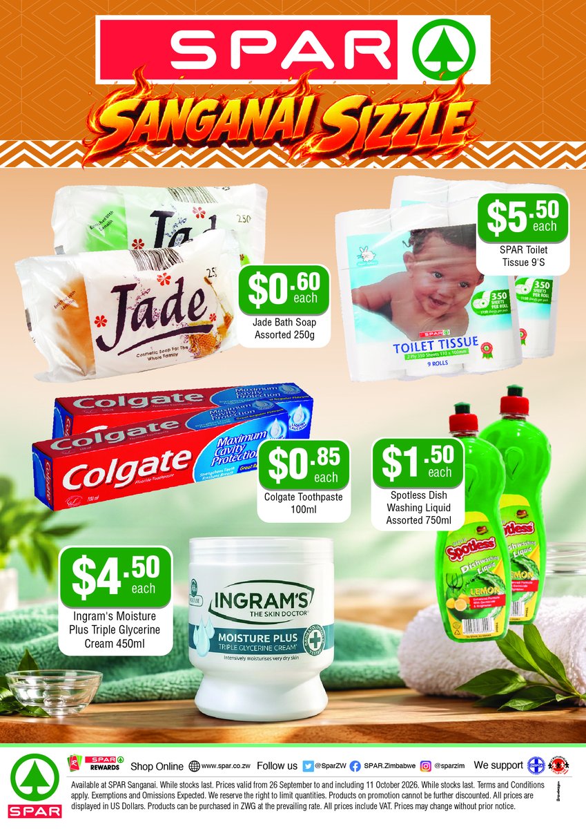 SparZW's tweet photo. 🔥 The SIZZLE is ON at SPAR SANNGANAI! 🔥

Turn up the heat on your shopping with unbeatable deals on all your favourites—from pantry essentials and refreshing drinks to household must-haves. Whether you’re stocking up for the week or planning a summer feast, we’ve got you covered with sizzling savings!

Hurry in—these hot offers won’t last long!

#SPARZimbabwe #SanganaiSizzle #HotDeals #BetterTogether