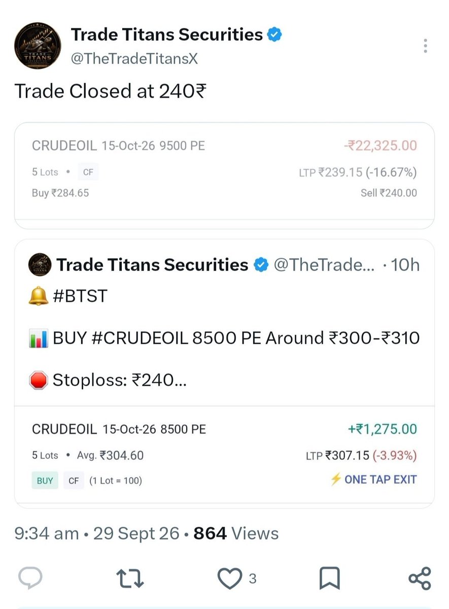 RohanChava23405's tweet photo. @ramakan12646984 @ViveKSingh_DC ⚠️ Trader Alert: Beware of profit screenshots shared by Trade Titans Securities. Crude Oil 9500 PE reportedly never breached ₹600–₹550, yet the screenshot shows ₹240. Previous strike: 8500 PE. Verify original market data before trusting such claims. Stay alert! https://t.co/u2peFZUSNa