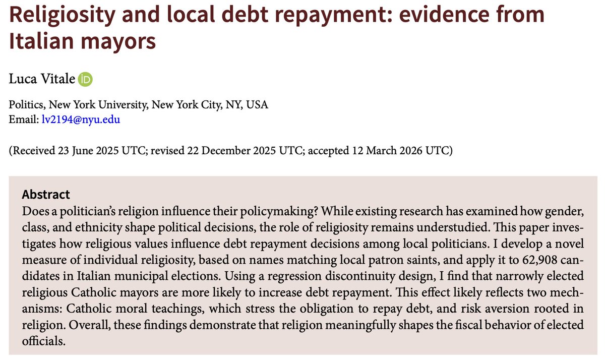 PSRMJournal's tweet photo. ⛪️ Does a politician's religiosity influence their policymaking?

➡️ @Luca_vitalee finds that narrowly elected religious Catholic mayors in Italy increase debt repayment, showing how religious values can shape politicians' fiscal decisions https://t.co/5xzxANLdZh https://t.co/sW2P0wvngt