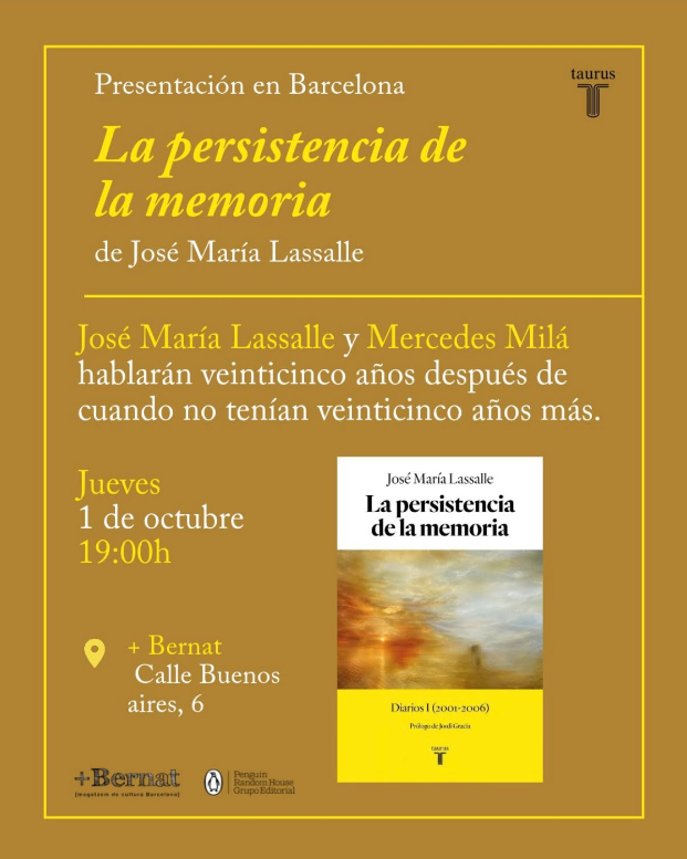 antonigr's tweet photo. #AGENDA #Recomiendo Este jueves 1 de octubre, #JoséMaríaLassalle presenta su libro 👉 La persistencia de la memoria (@tauruseditorial)  https://t.co/APRbArw2wP, en una charla con Mercedes Milá. 

Será en la librería @libreriabernat de #Barcelona a las 19 h.