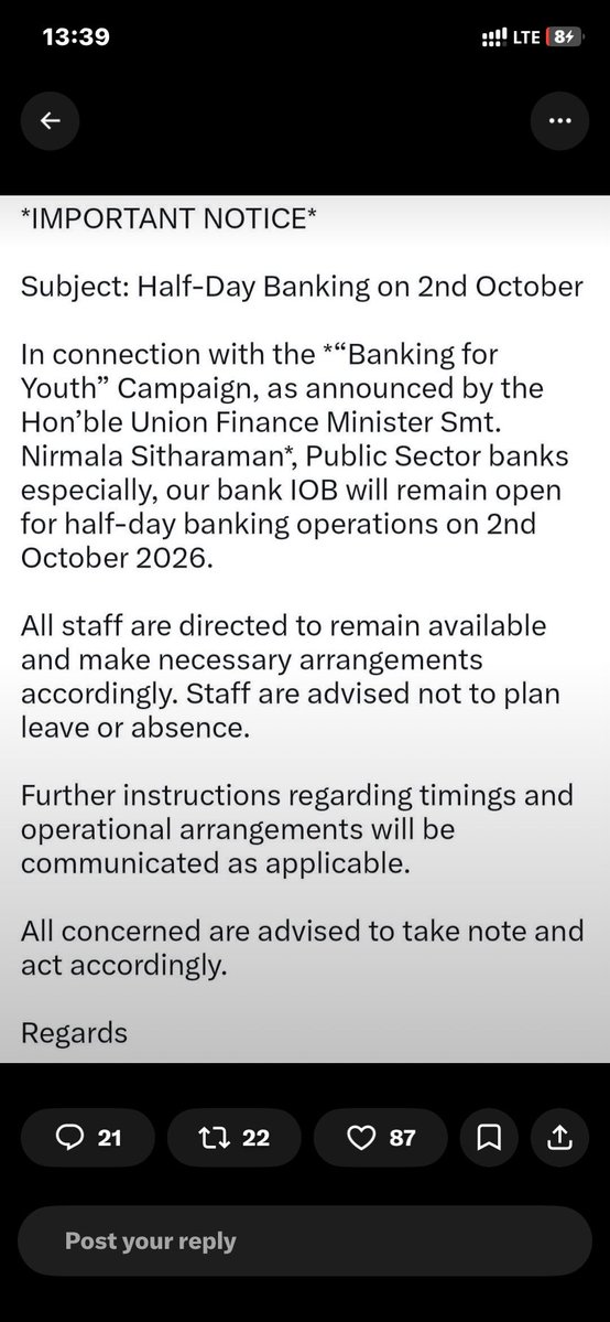 KumarAkvr321's tweet photo. कहने को '5-Day Banking' के बड़े-बड़े ख्वाब दिखाए जाते हैं, और ज़मीन पर हाल ये है कि 2 अक्टूबर जैसी राष्ट्रीय छुट्टियों और त्योहारों के दिन भी "हाफ-डे" का फरमान चिपका दिया जाता है। मतलब इंसान अपनी छुट्टी के दिन भी दफ्तर की गुलामी करे! #Banking #WorkLifeBalance #IndianBanking #PSB https://t.co/E1zcFbWqWZ