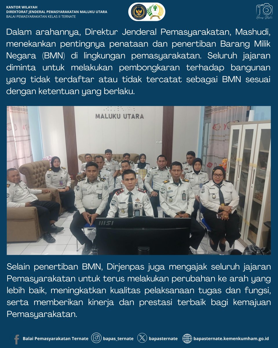 bapasternate's tweet photo. Bapas Ternate Ikuti Arahan Dirjenpas Secara Virtual, Dorong Tertib BMN dan Peningkatan Kinerja Pemasyarakatan

#kemenimipas
#guardanguide
#infoimipas
#bapasternate
#humasbapasternate https://t.co/SXjnuoKHGv