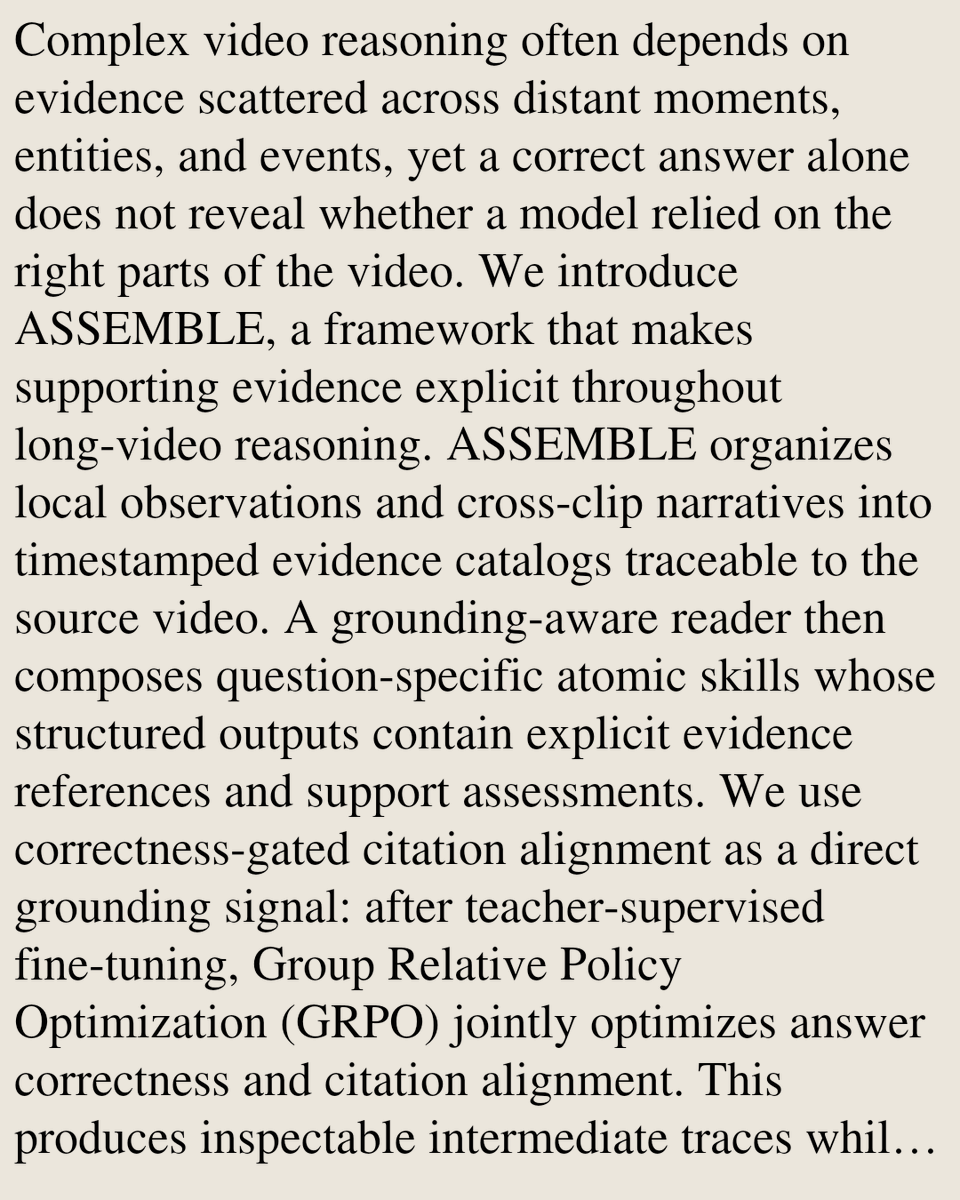 MultimediaPaper's tweet photo. ASSEMBLE: Atomic Skills for Evidence-Grounded Video Reasoning

Xiyang Wu, Zongxia Li, Shengxin Zhang, Zhichao Liu, Dinesh Manocha
https://t.co/UK0kcrzaIW [𝚌𝚜.𝙼𝙼] https://t.co/hIqanHznI3