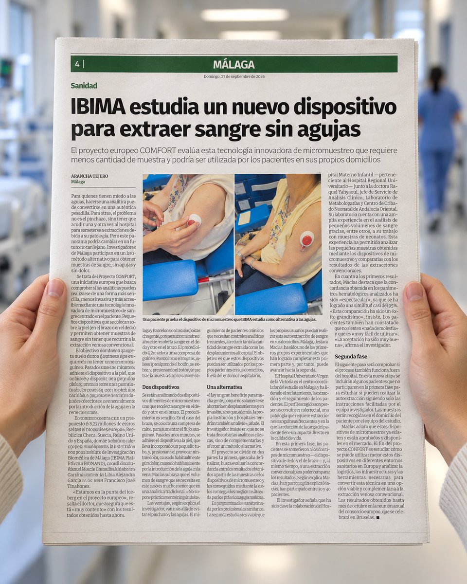 _ibima's tweet photo. 🩸 ¿Y si no hiciera falta sacarte #Sangre de la forma habitual?

@opiniondemalaga destaca Project-COMFORT, liderado desde #IBIMA por el Dr. @ManuelMacasGon1, junto al @HUVV_SAS y el @HRegionalMalaga.

¡No te pierdas la noticia! 👇🏼📰

¡Gracias Arancha Tejero y @opiniondemalaga! 🙏 https://t.co/z1ri47jKAw