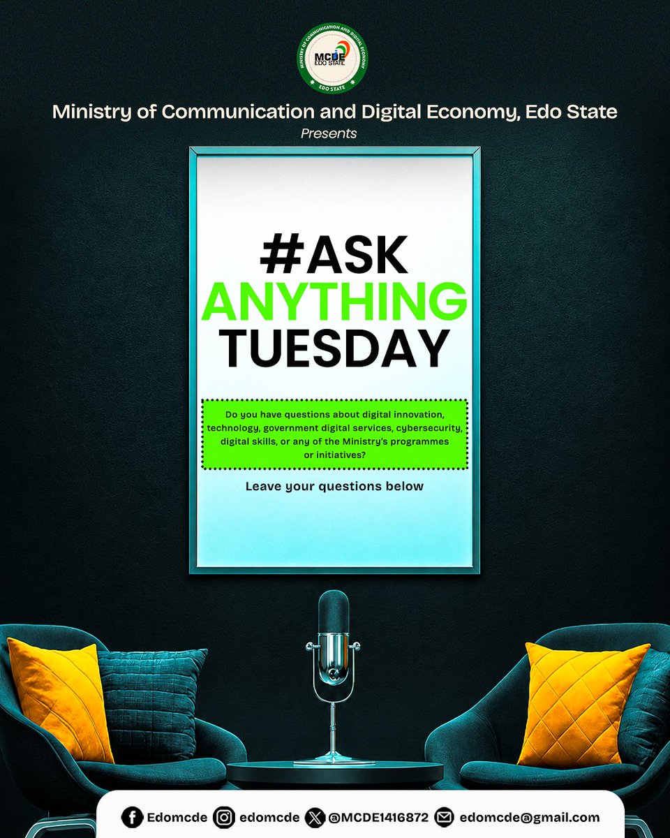 MCDE1416872's tweet photo. #ASKANYTHINGTUESDAY
Got a question about technology, digital services, innovation or the digital economy in Edo State?
This is your seat at the table. https://t.co/NLQpoN9EKB