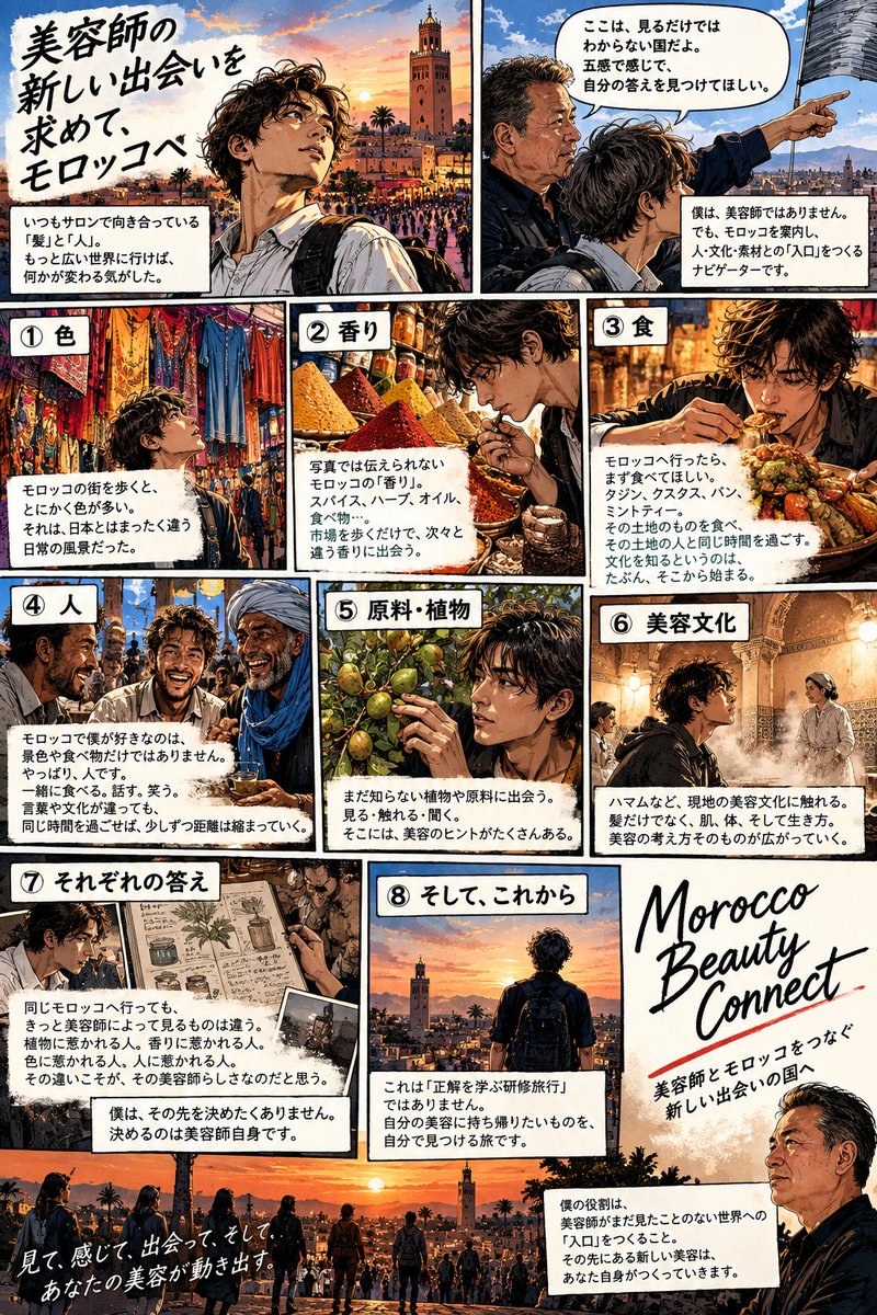 hidedumaroc's tweet photo. ここまで書いてきたことを、
一枚の漫画にしてみました。

僕がつくりたいのは、
美容師に「答え」を教える場所ではありません。

まだ知らない世界への「入口」です。

モロッコで、
何を見て、
何を感じ、
何を美容に持ち帰るのか。

その先を決めるのは、
美容師自身です。

Morocco Beauty Connect https://t.co/lQl89wBx4A