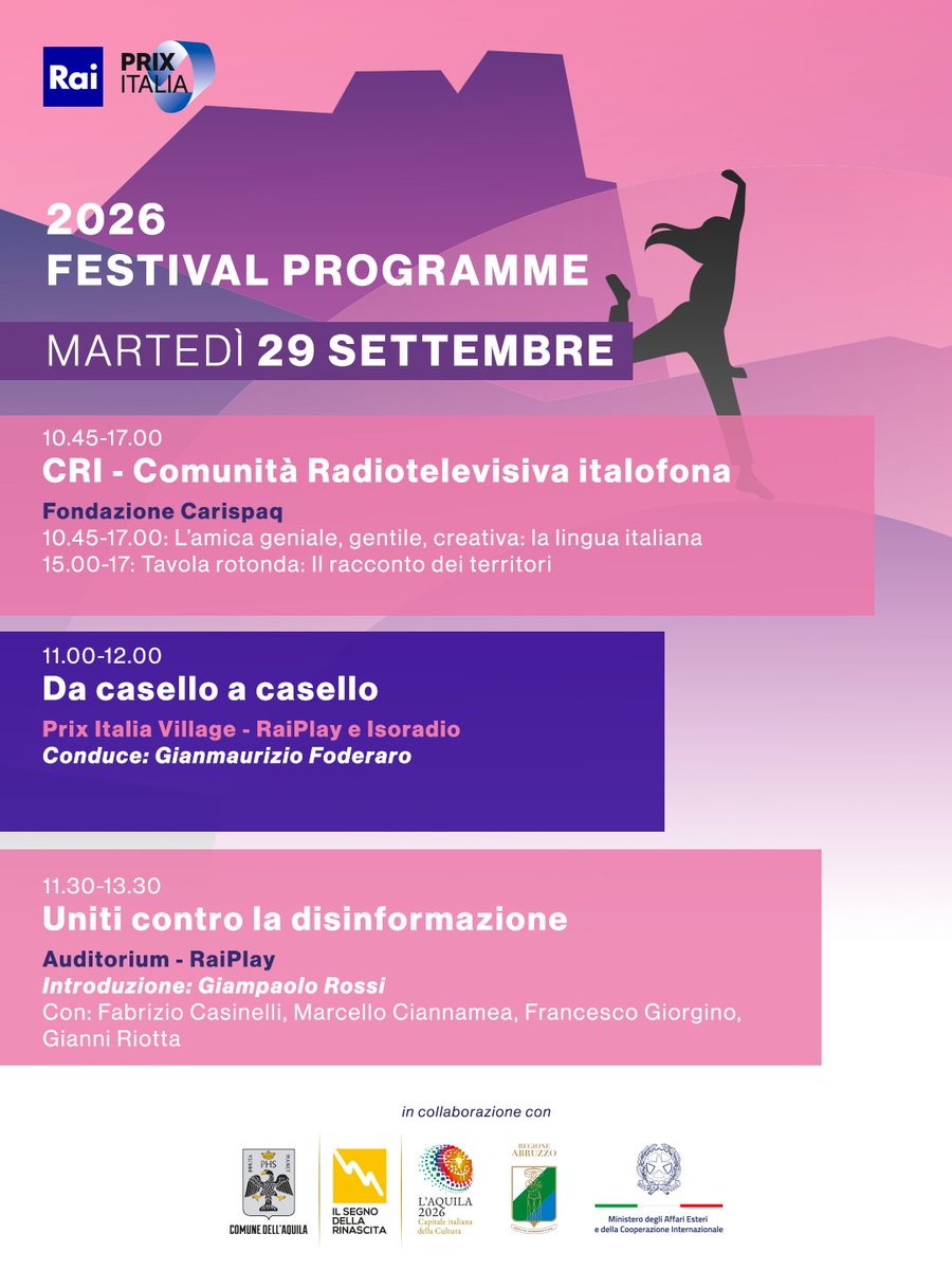 PrixItaliaRai's tweet photo. 𝟳𝟴º 𝗣𝗿𝗶𝘅 𝗜𝘁𝗮𝗹𝗶𝗮 - 𝗗𝗮𝘆𝟮

Scopri il 𝗽𝗿𝗼𝗴𝗿𝗮𝗺𝗺𝗮 e non non perderti tutti gli eventi della 𝘴𝘦𝘤𝘰𝘯𝘥𝘢 𝘨𝘪𝘰𝘳𝘯𝘢𝘵𝘢 👇

#PlayHuman | #PrixItalia https://t.co/LXGft3RK1X