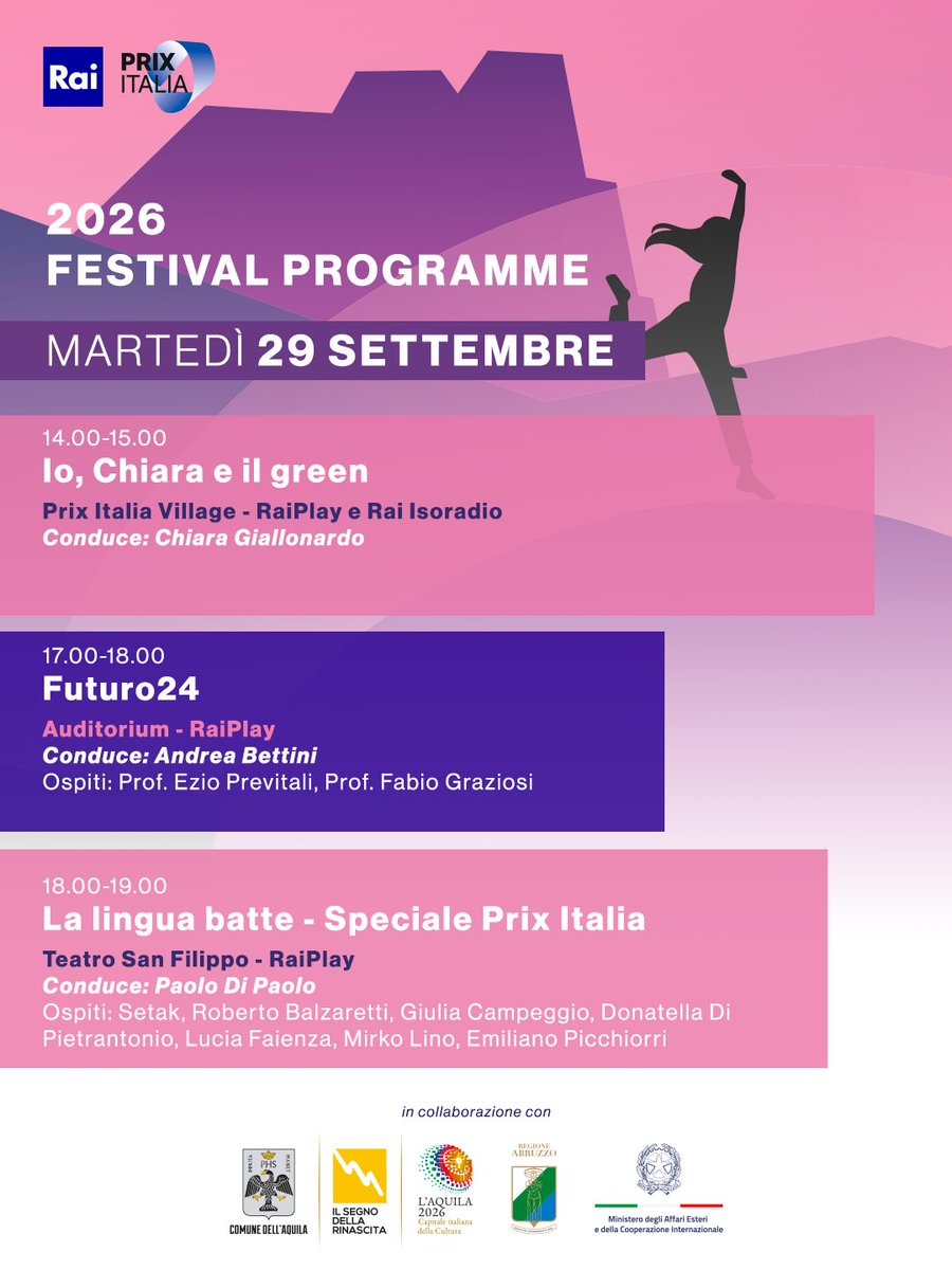 PrixItaliaRai's tweet photo. 𝟳𝟴º 𝗣𝗿𝗶𝘅 𝗜𝘁𝗮𝗹𝗶𝗮 - 𝗗𝗮𝘆𝟮

Scopri il 𝗽𝗿𝗼𝗴𝗿𝗮𝗺𝗺𝗮 e non non perderti tutti gli eventi della 𝘴𝘦𝘤𝘰𝘯𝘥𝘢 𝘨𝘪𝘰𝘳𝘯𝘢𝘵𝘢 👇

#PlayHuman | #PrixItalia https://t.co/LXGft3RK1X