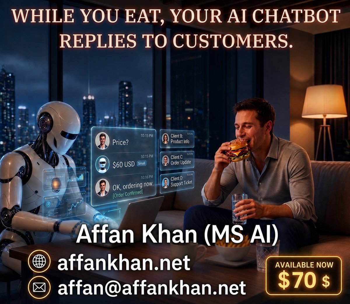 affanned399's tweet photo. #AIChatbot #ChatbotDevelopment #BusinessAutomation #SmallBusinessAutomation #AIforBusiness #CustomerServiceAutomation #AIEngineer #AgenticAI #Automation247 #AIAssistant #ChatbotDesign #SmallBusinessTools #Freelancer #FreelanceAI #AIforSmallBusiness #InstagramAutomation #WhatsApp https://t.co/Sx2IbnO2hk
