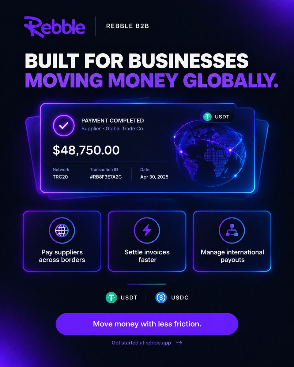 Userebble's tweet photo. From invoice to paid, without the usual friction.

Rebble B2B helps businesses settle supplier invoices, make cross-border payments, and manage international payouts using USDT and USDC.

Faster settlement. Clearer payment flows. Less business disruption.

Get started at https://t.co/l11sDRz7ss

#RebbleB2B #CrossBorderPayments #StablecoinPayments #USDT #USDC #AfricanBusiness #Fintech #BusinessPayments