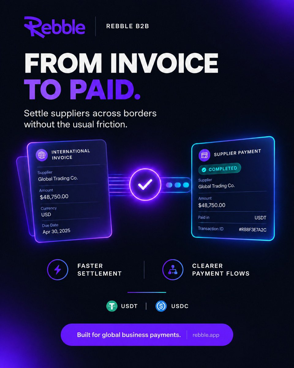 Userebble's tweet photo. From invoice to paid, without the usual friction.

Rebble B2B helps businesses settle supplier invoices, make cross-border payments, and manage international payouts using USDT and USDC.

Faster settlement. Clearer payment flows. Less business disruption.

Get started at https://t.co/l11sDRz7ss

#RebbleB2B #CrossBorderPayments #StablecoinPayments #USDT #USDC #AfricanBusiness #Fintech #BusinessPayments
