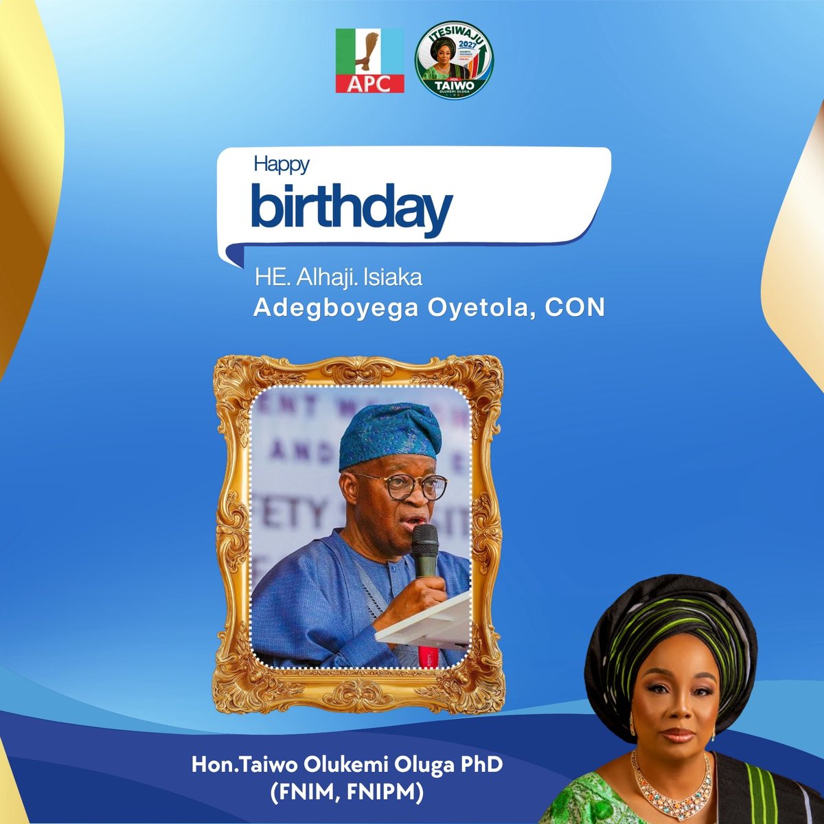 Oluga_MediaTeaM's tweet photo. Happy 72nd Birthday to Hon. Adegboyega Oyetola CON. 🎉

Hon. Olukemi Taiwo Oluga celebrating his leadership, mentorship, and contributions to Osun State and the APC. She prays for continued wisdom, strength, good health, and many more years of purposeful service.

__ OMT https://t.co/L4e71dGGYF