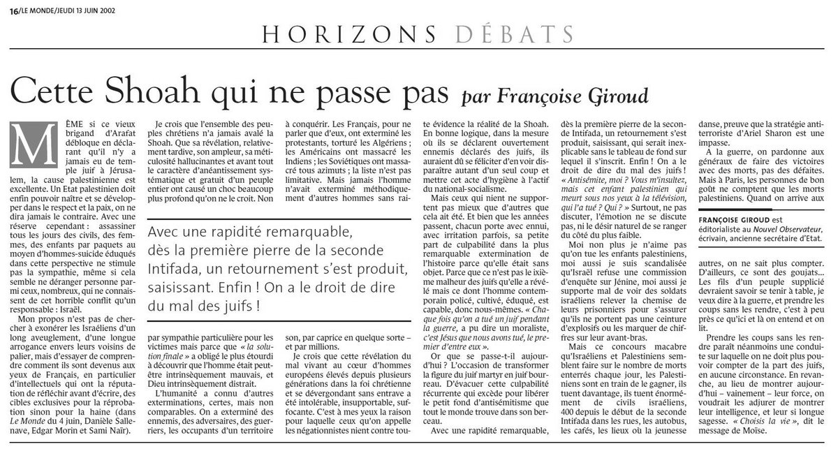mxhou's tweet photo. Françoise Giroud, 13 juin 2002, qui explique précisément pourquoi on en est là où on en est aujourd'hui du déchaînement d'antisémitisme: https://t.co/PAxpCXnqpv