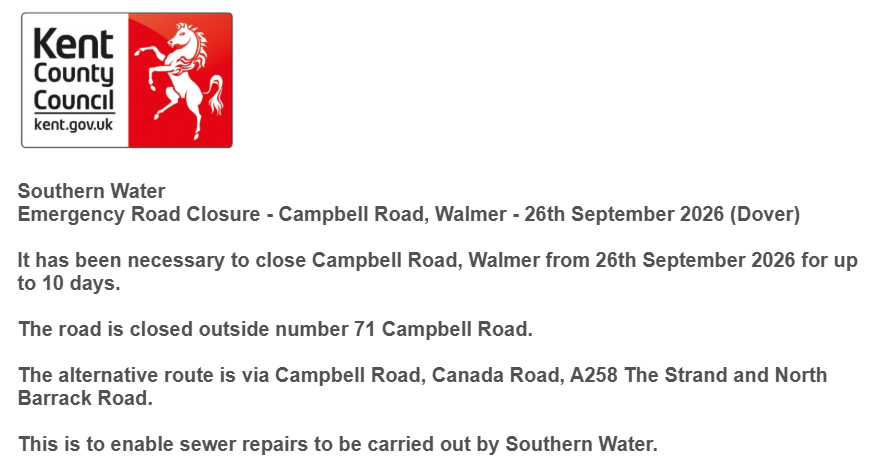 KentHighways's tweet photo. Walmer, Campbell Road. Road closed until 5th October for @SouthernWater works: https://t.co/u3wjtJWOax https://t.co/Via8z8I26B