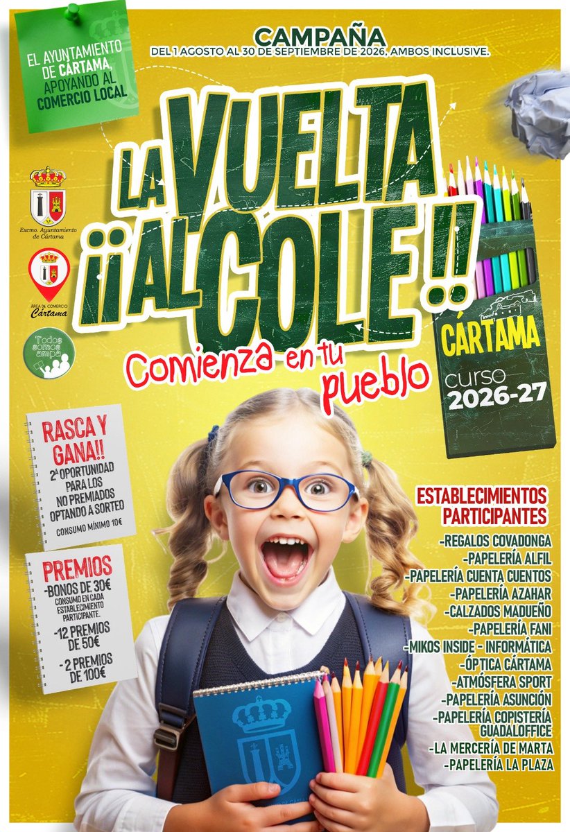 Ayto_Cartama's tweet photo. 📚 Últimos días para participar en la campaña de apoyo al comercio local “La vuelta al cole comienza en tu pueblo”
La iniciativa estará en vigor hasta el 30 de septiembre
¿Aún no has participado?
#Cártama #educación #comercio #comerciolocal #compralocal https://t.co/tLbFQ8CJg8