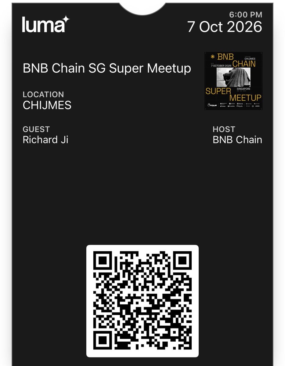 Richard_WCJ's tweet photo. 感谢 Binance 邀请！

大家 2049 期间，在Singapore 的朋友们，记得参加下币安的活动，每次币安这边的会都人满为患，大家可以提前报名

报名链接可以扫码图片 或者在 Kim @moonkimbinance  的推文找到！👇 https://t.co/4bafazFD9P