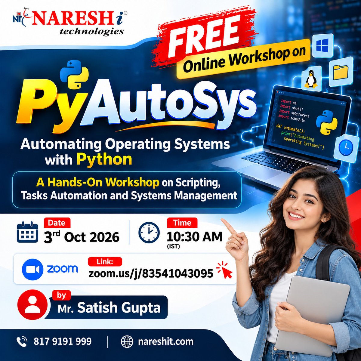 nareshitkphb's tweet photo. ๐ Learn PyAutoSys for FREE Workshop!
๐
3 Oct 2026 | โฐ 10:30 AM IST
๐ป Online via Zoom
๐จโ๐ซ By Mr. Satish Gupta | Naresh IT
๐ Register: https://t.co/ShXXoV3720
Donโt miss this hands-on learning opportunity! ๐ฏ
#PyAutoSys #NareshIT #FreeWorkshop #Automation https://t.co/cGLIGJ25oC