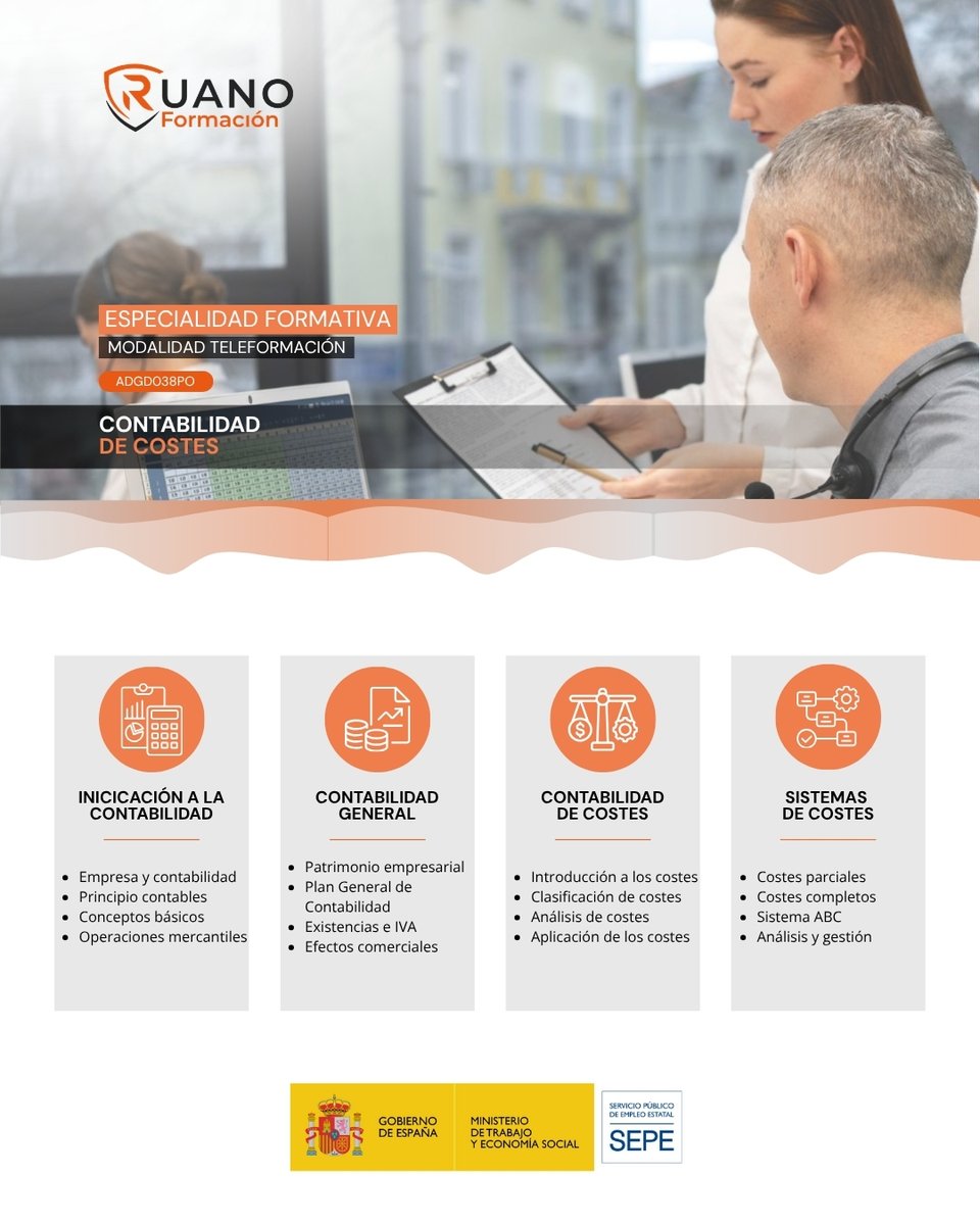 RuanoFormacion's tweet photo. ¿Qué encontrarás en la especialidad ADGD038PO – Contabilidad de Costes?

Fundamentos de contabilidad, patrimonio, Plan General de Contabilidad, existencias, IVA, operaciones mercantiles y, especialmente, clasificación y sistemas de costes parciales, completos y ABC.

#ADGD038PO https://t.co/k1sizk1ph2