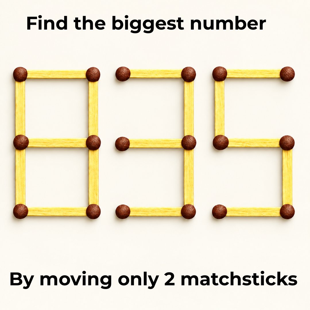 mathwithsanni's tweet photo. ⚡️99% Fail This!

Don't rush, get the pattern.

What is the biggest number from 835 by moving only 2 matchsticks.

#MathPuzzle https://t.co/u7OjT5VhaU