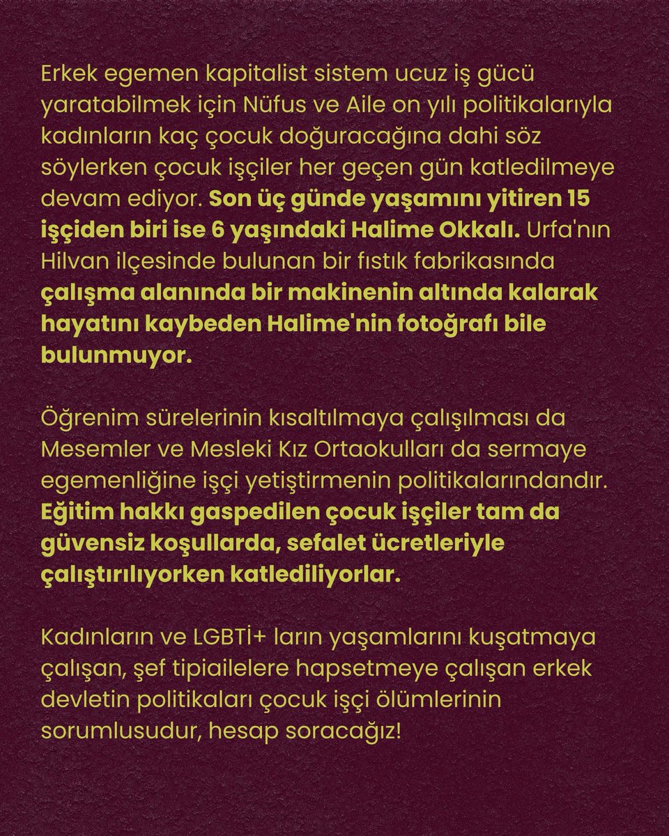 OzgurGencKadin0's tweet photo. 6 yaşında fotoğrafı bile olmayan çocuk işçi Halime Okkalı çalışırken katledildi. Halime’nin katili kapitalist sömürü düzenidir. https://t.co/AWxKyvoxXR