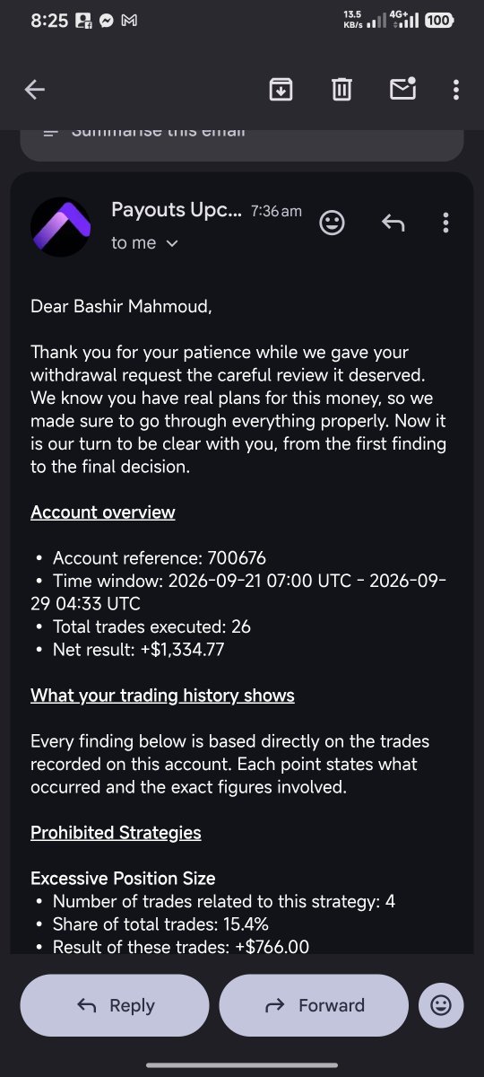 Abuhaidar_001's tweet photo. WARNING / CALLOUT POST 🚨

🚨 PROP FIRM EXPOSED: Why traders need to be VERY careful with @upcomers_com 🚨

A few weeks ago, UPCOMERS reached out and gave me a $25K Oracle Account to trade, test their system, and share my honest review with my community.

Here is exactly what happened:
1️⃣ The Performance:

I traded the account strictly following risk rules. In just over a week across 26 trades, I generated +$1,334.77 in net profits.

 * Trading Days: 6 / 5 required ✅
 * Drawdown Rules: 0.00% breached ✅
 * Consistency Score: 19.45% (Well under their 20% max single-day cap) ✅

2️⃣ The Capped Dashboard Trap:
When I went to request my payout on the dashboard, the system capped my request at $250 MAX, despite the account clearly showing a balance qualified for $1,334.77.

3️⃣ The Total Rejection:
After capping the payout request to just $250, they went ahead and denied the payout entirely, hiding behind standard corporate fluff about "Excessive Position Size" on 4 trades — after the dashboard explicitly confirmed all consistency and objective criteria were passed!

The Bottom Line:
If a prop firm treats an affiliate/influencer like this when given a promotional account to test publicly, what chance does a regular trader stand when trying to get paid?

Transparency in the prop trading space is non-negotiable. Passing every dashboard metric only to face artificial payout caps and outright rejections is a major red flag 🚩

Drop your thoughts below if you’ve faced similar issues with @upcomers_com
#Trading #Forex #PropFirm #ICT #Upcomers_com #FxTrading #PropFirmReview