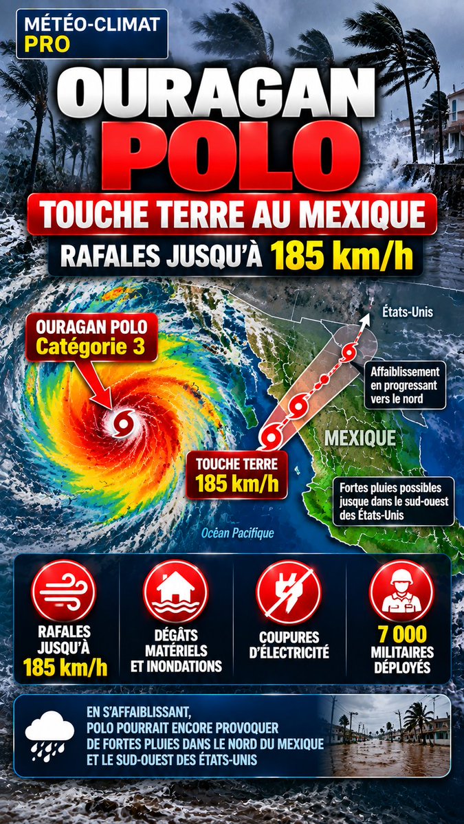 MeteoClimatPRO's tweet photo. Ouragan Polo : le Mexique frappé
L’ouragan Polo, catégorie 3, a touché la côte pacifique du Mexique avec des rafales atteignant 185 km/h, , il pourrait encore apporter de fortes pluies plus au nord.
#OuraganPolo #Mexique #Ouragan #Météo #Inondations #Cyclone #MétéoClimatPro https://t.co/VqmGEoOf2W